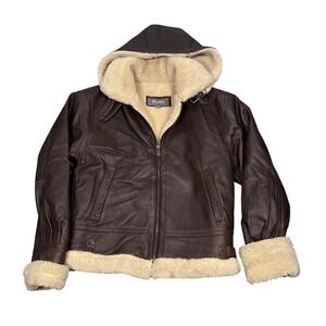 Wilsons Leather Hooded Bomber Jacket Mens S Brown Faux Shearling Lined Aviator